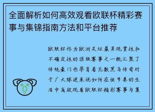 全面解析如何高效观看欧联杯精彩赛事与集锦指南方法和平台推荐 全面解析如何高效观看欧联杯精彩赛事与集锦指南方法和平台推荐