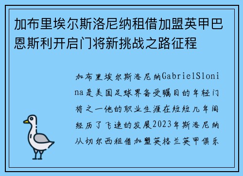 加布里埃尔斯洛尼纳租借加盟英甲巴恩斯利开启门将新挑战之路征程 加布里埃尔斯洛尼纳租借加盟英甲巴恩斯利开启门将新挑战之路征程